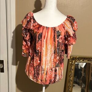 Cato Est 1946 Tiered Ruffle Sleeve 3/4 Sleeve Floral Blouse Pink/Black Size L